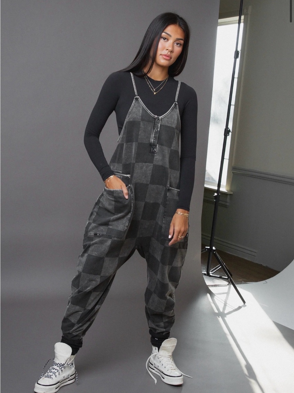 RAGS Black Denim Check Tank Romper Oversized Cargo Jumpsuit M